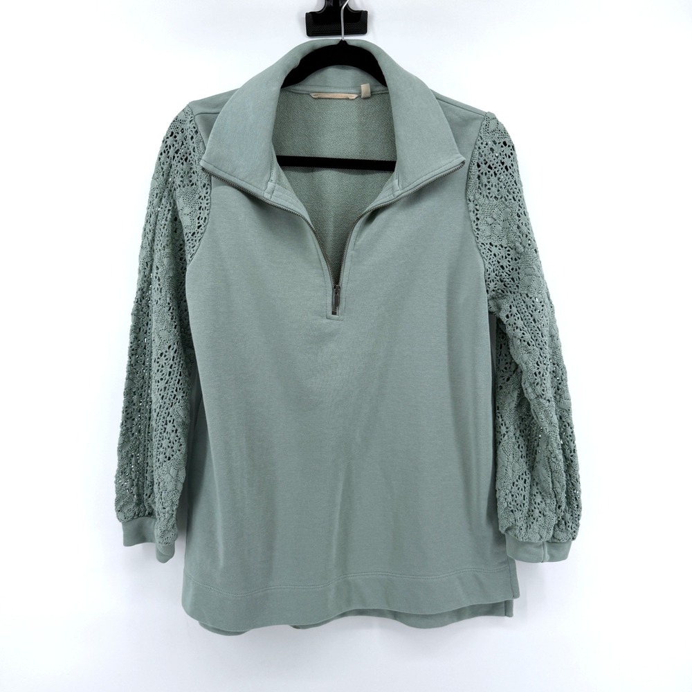 Soft Surroundings Pullover Crochet Lace Sleeve M Green‎ Womens Quarter Zip Boho